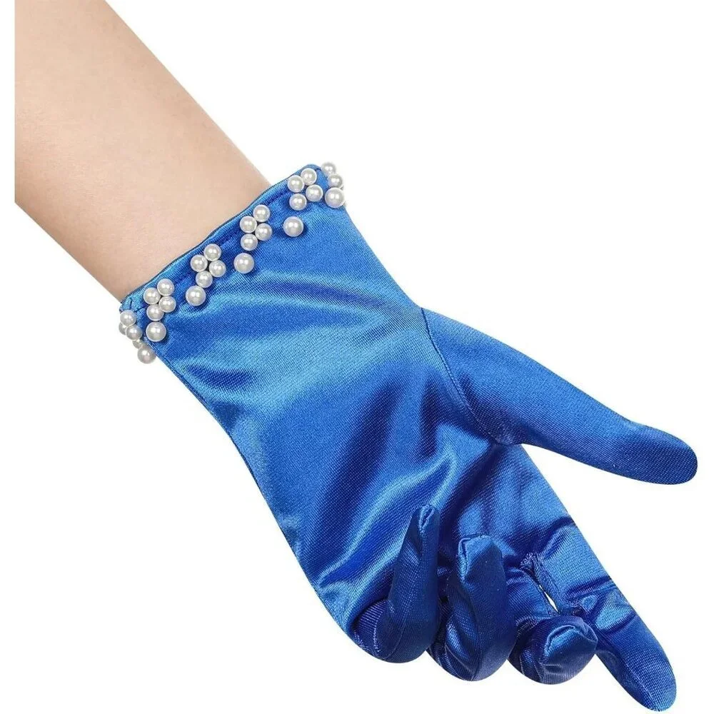 Women's Royal Blue Satin Pearl Short Length Gloves Wedding Banquet Party Prom